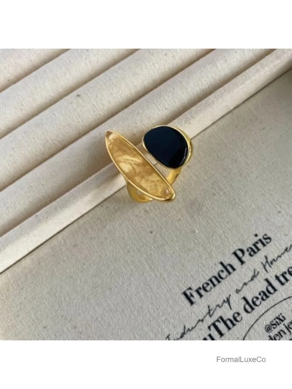 Black Agate Adjustable Open Wrap Ring Gold-Tone Plated Stackable Statement